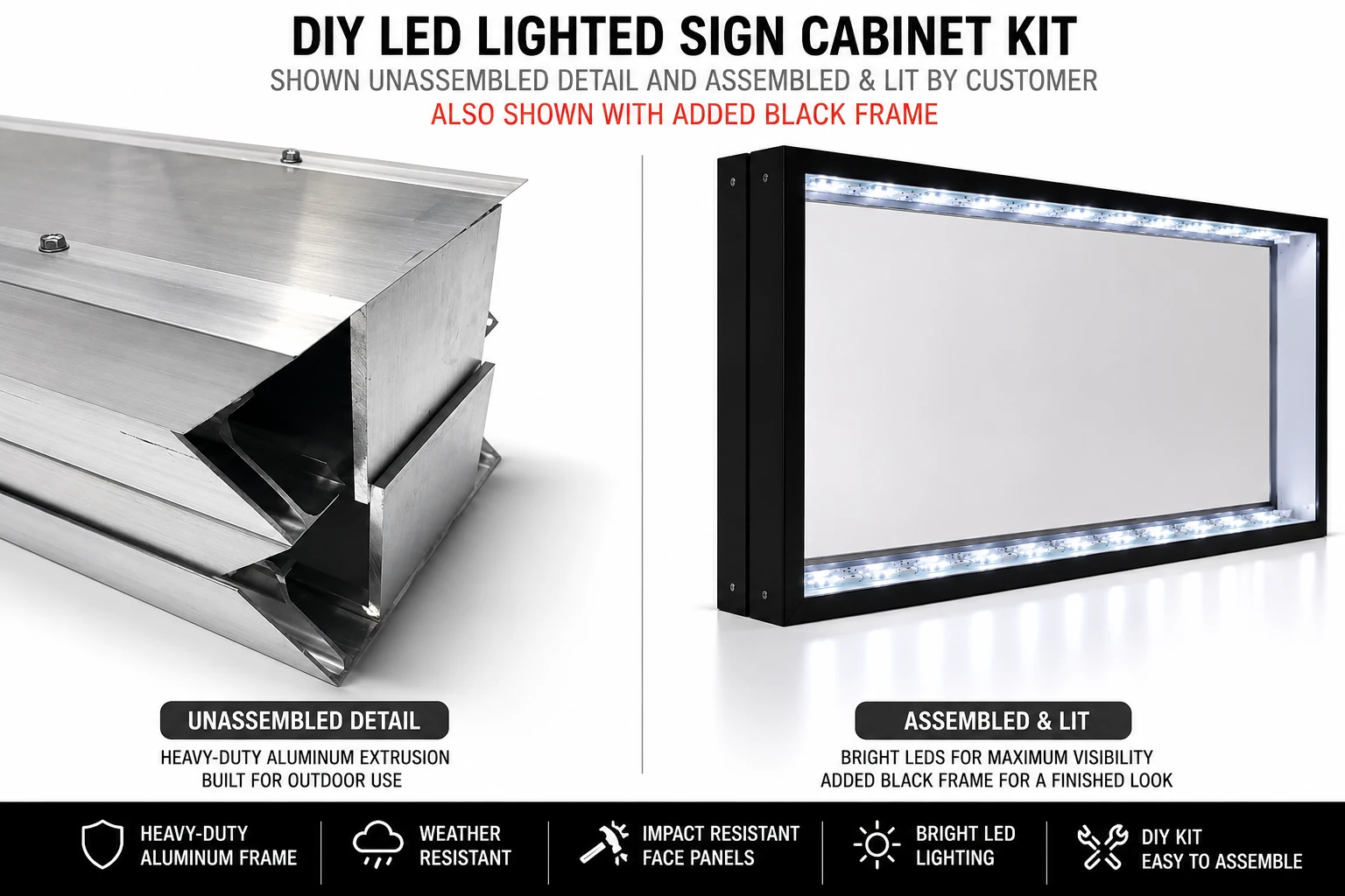 DIY LED lighted sign cabinet kit shown in unassembled detail and assembled and lit by customer, with added black frame