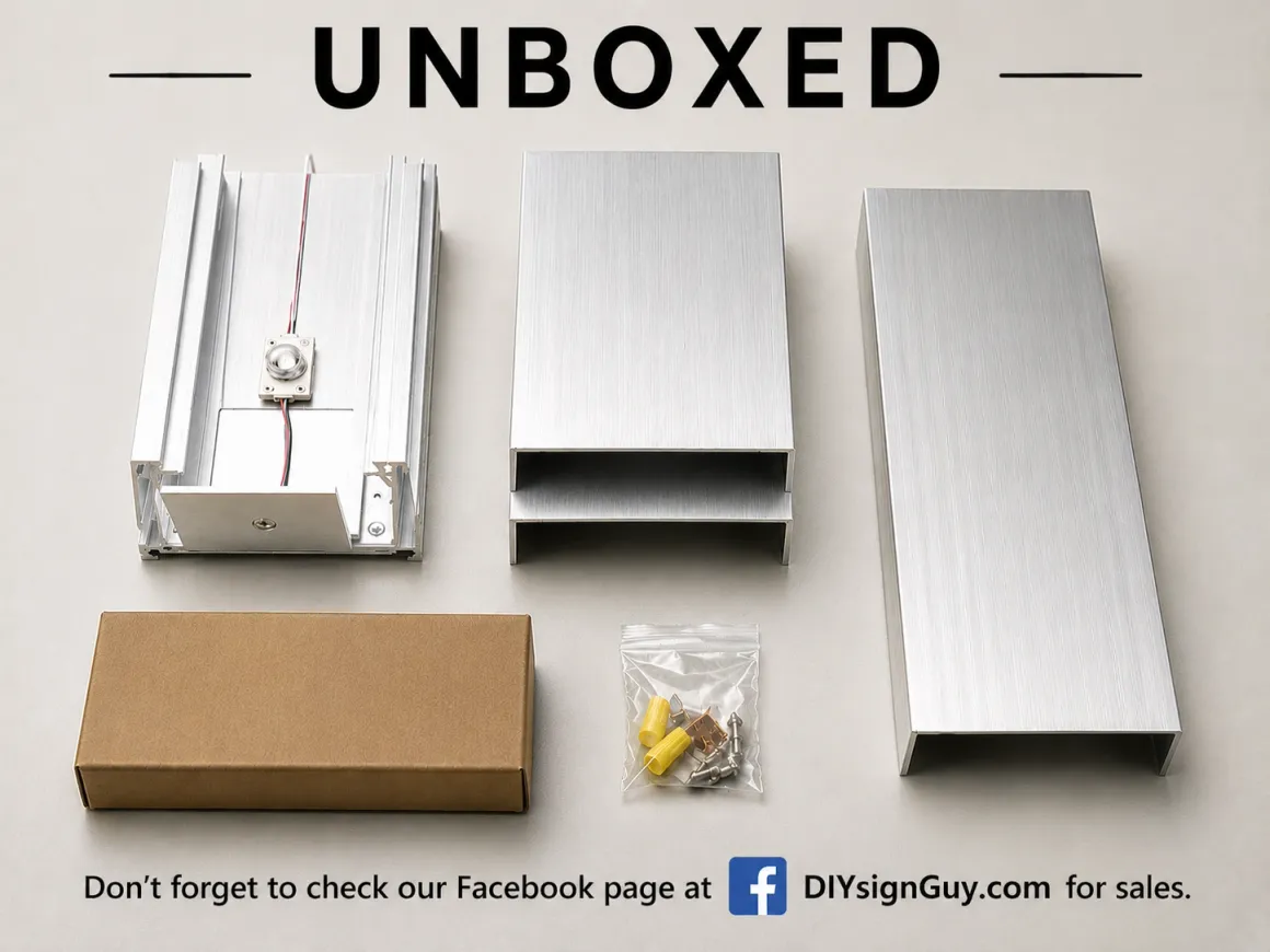 Unboxed DIY LED sign kit contents: aluminum frame sections, LED module rail, power supply box and wiring hardware bag