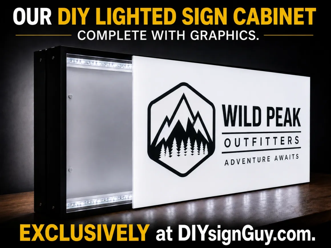 The sign on the invoices — a DIY lighted sign cabinet complete with printed graphics, assembled and lit