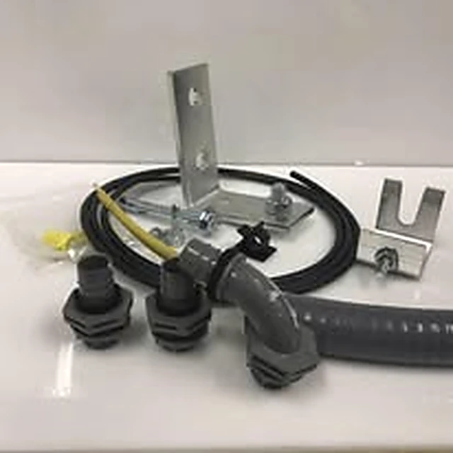 Sign conduit and wiring kit: gray flexible conduit, liquid-tight connectors, 90 degree fitting, galvanized mounting bracket, hardware, wire and wire nuts