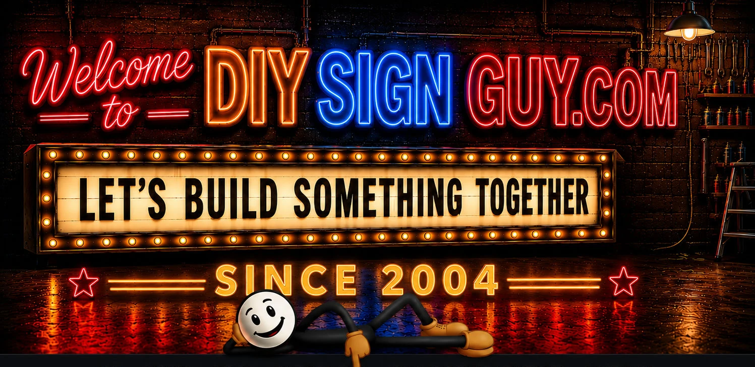 DIY Sign Guy neon workshop header with a mascot pointing toward the website navigation