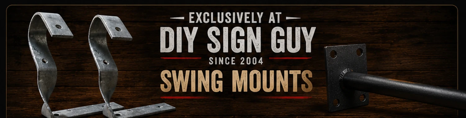 Heavy-duty galvanized swing mounts and black steel cantilever sign bracket available from DIY Sign Guy