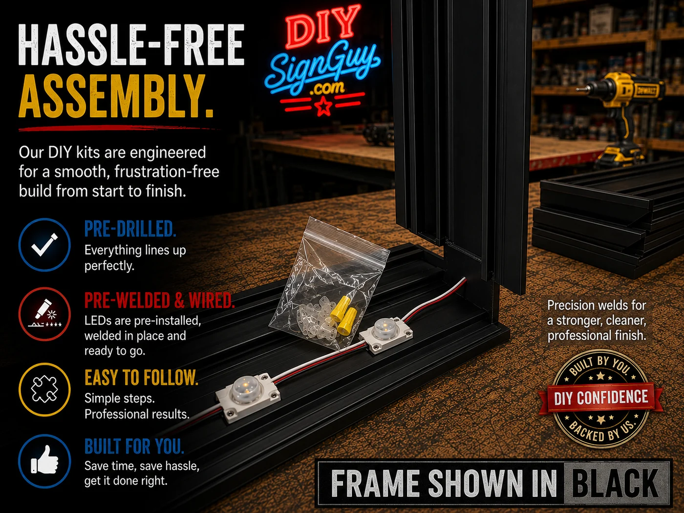 DIY LED sign kit frame designed for straightforward assembly