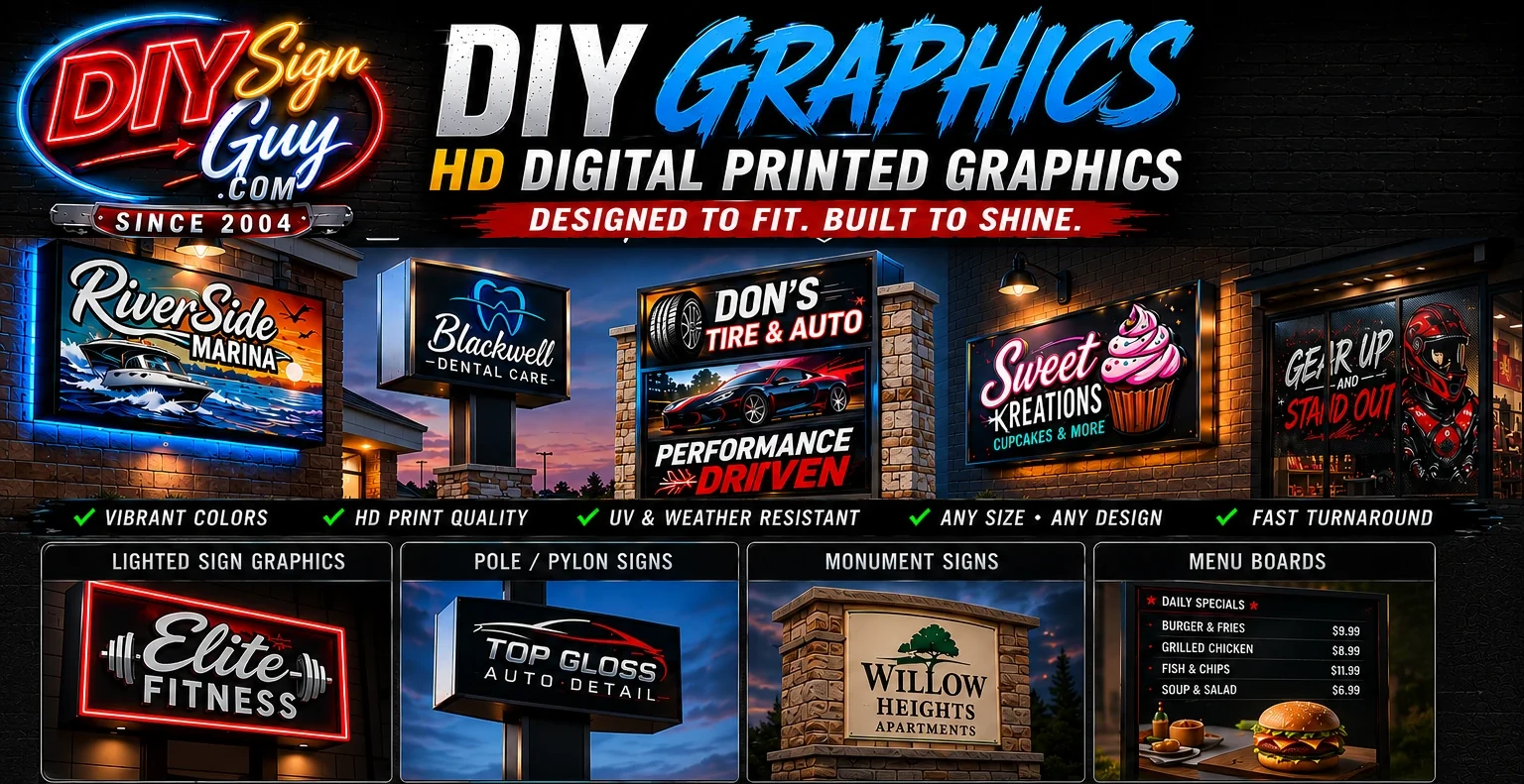 High-definition digitally printed graphics for lighted signs, pole signs, monument signs and menu boards — DIY Sign Guy HD digital printed graphics, designed to fit, built to shine