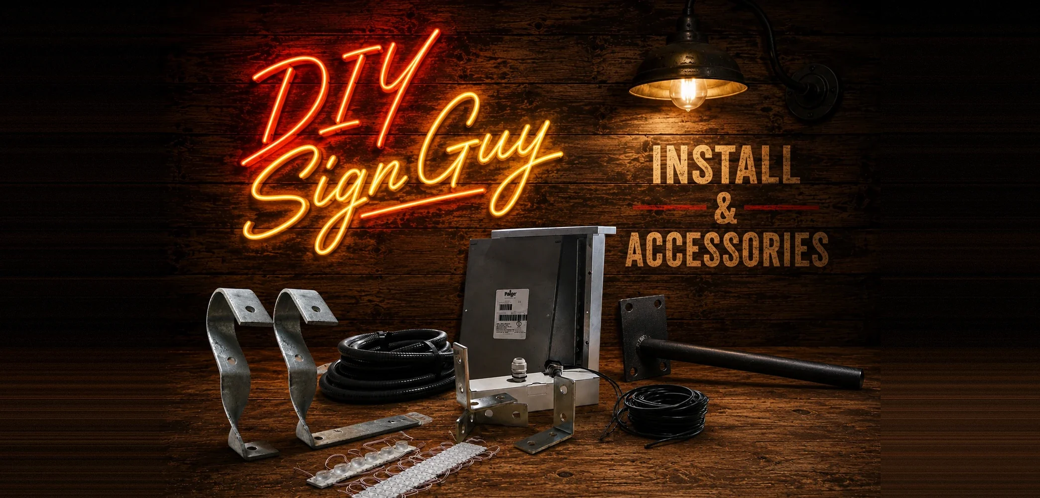 DIY sign installation hardware, mounting brackets, LED modules, wiring and electrical accessories on a workshop bench