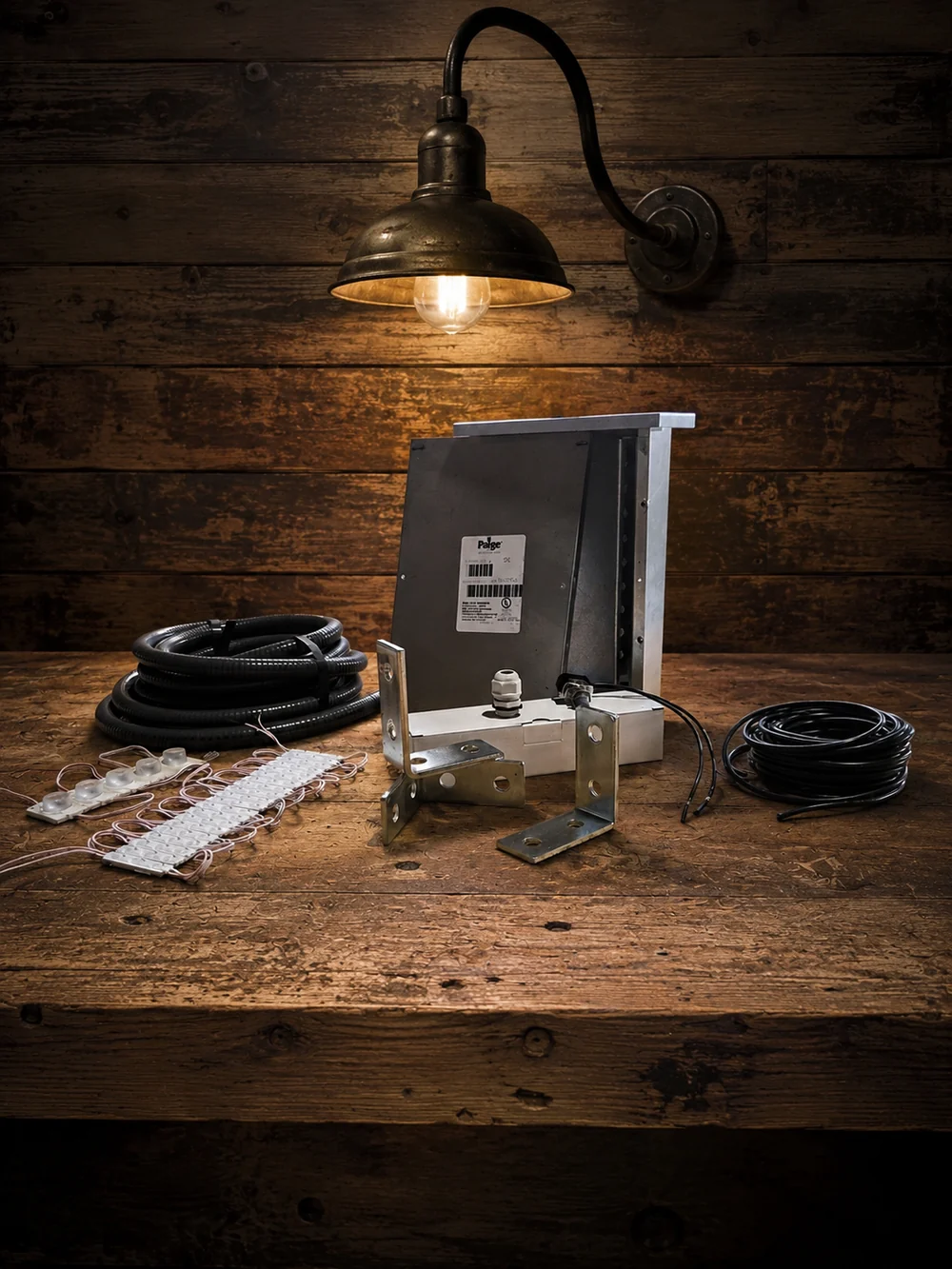 LED sign electrical enclosure, conduit, wiring, mounting brackets and lighting components on a workshop bench