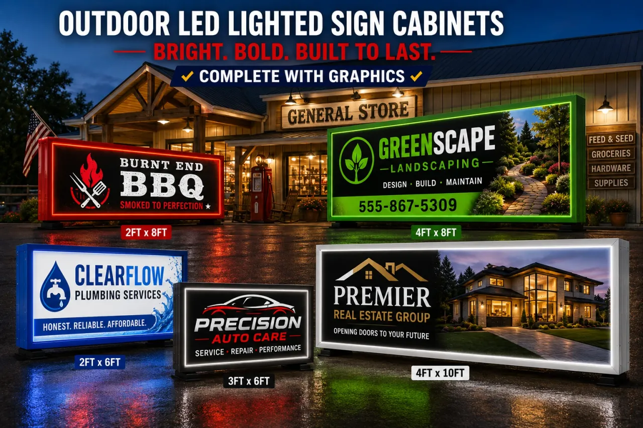 Rectangular outdoor LED lighted box sign cabinets in five sizes with printed graphics, bright and built to last