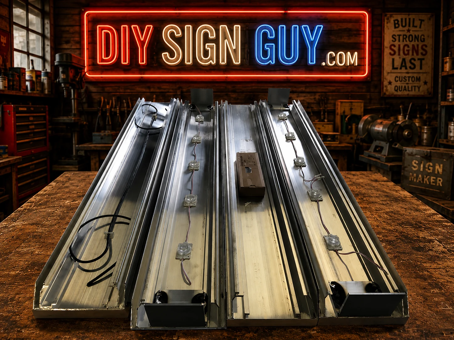 Prepared DIY LED sign kit frame sections with installed lighting and wiring