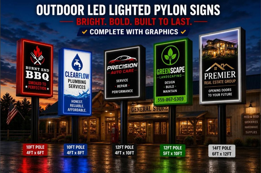 10 inch deep LED pylon sign cabinets on poles at dusk