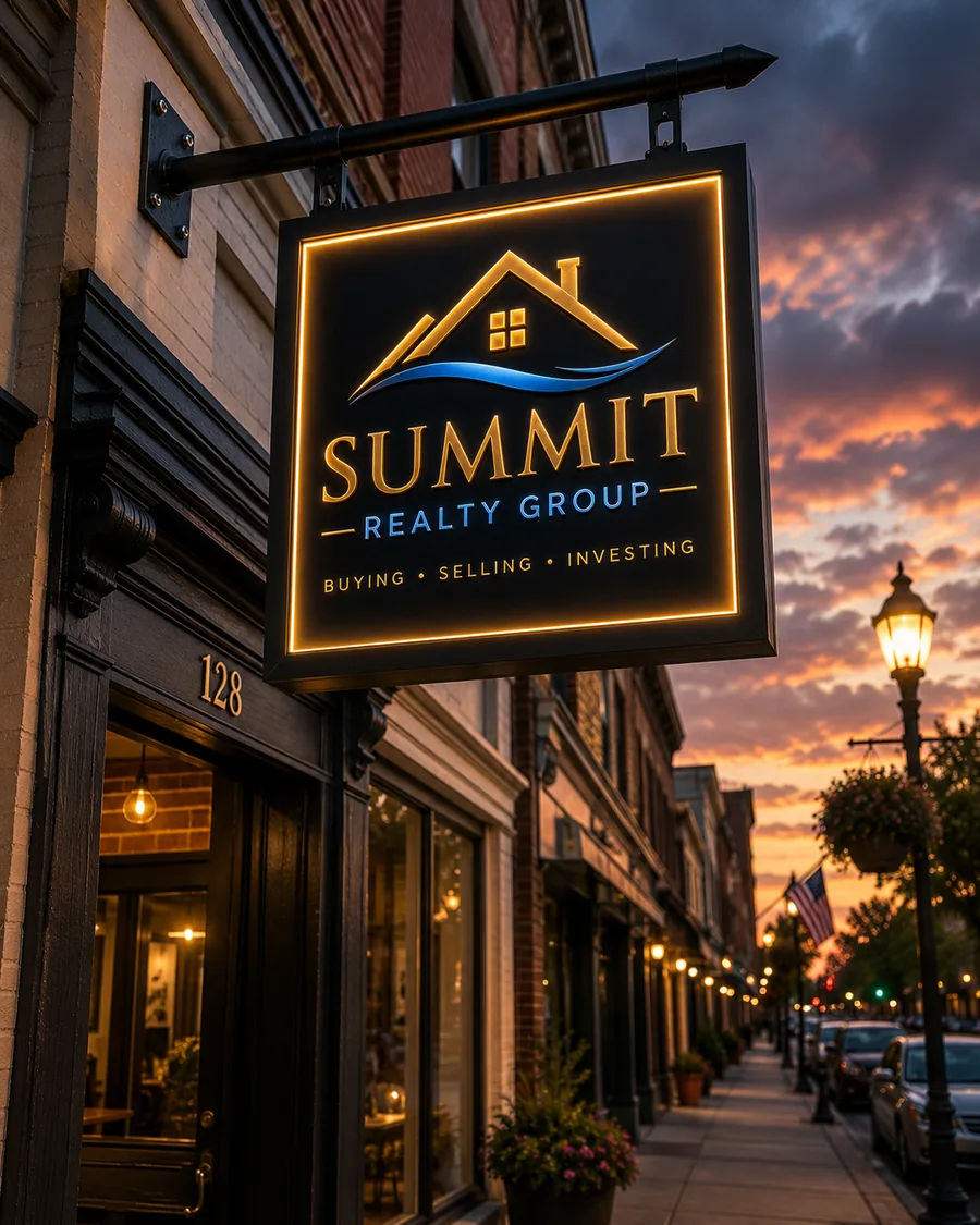 Example of a swinging LED sign hanging from a heavy-duty projecting wall bracket above a storefront at dusk &mdash; blade sign hanging bracket installation